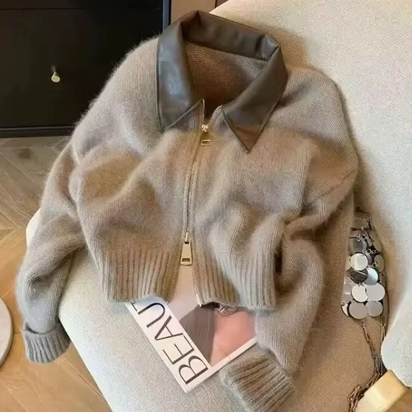 New Women's Beige Jacket with Leather Collar double zipper cardigan - Picture 3 of 3